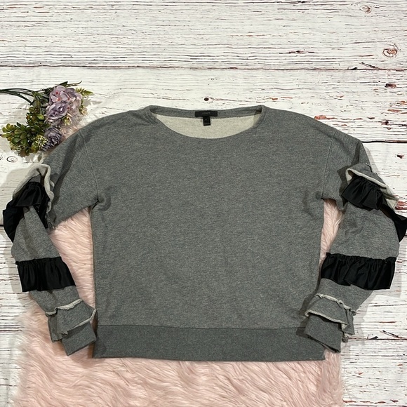 J. Crew Heather Gray Ruffle Trim Sleeve Sweatshirt - Picture 2 of 10